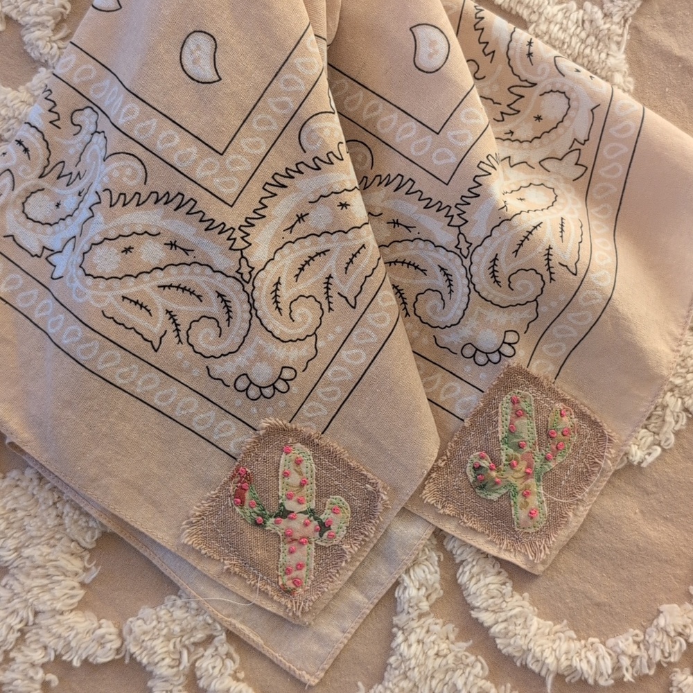 Bandana scarf w cactus, upcycled, embroidery cactus patch, Pick 1 HANDMADE ITEM - Picture 5 of 16